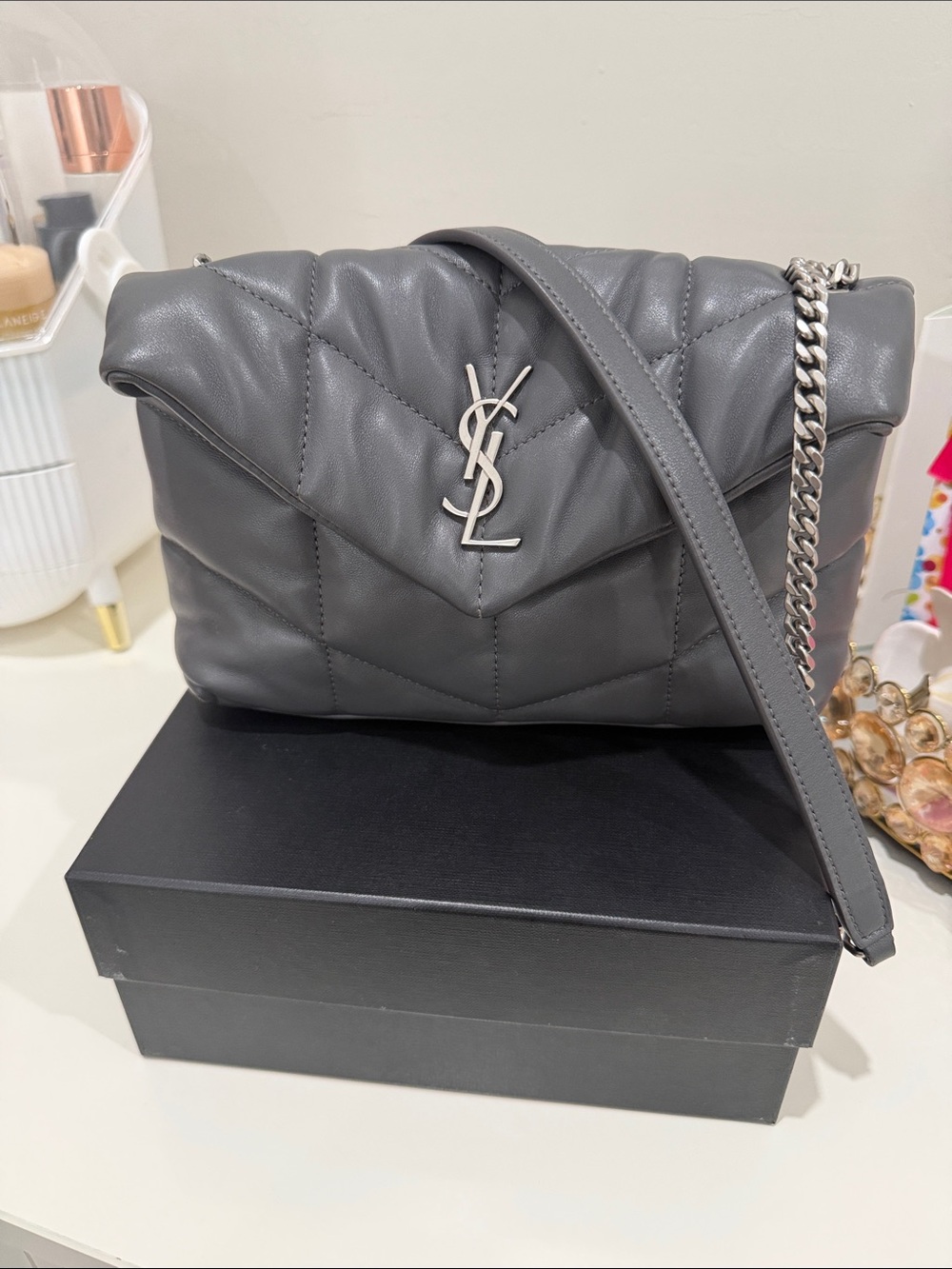 Saint Laurent Quilted Leather Crossbody Bag in Gray